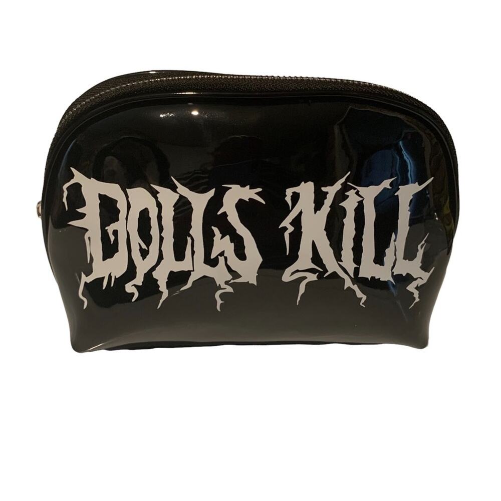 DOLLS KILL Sleek Black Makeup Bag graphic "Dolls Kill" on white